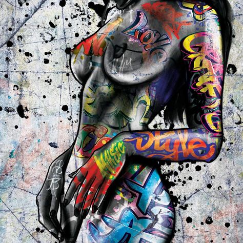 Urban Pop Art, Graffiti Painting Ideas, Graffiti Wall Art Bedroom, Neon Body Art Painting Canvas, Bathroom Wall Art Graffiti, Female Body Wall Art, Graffiti In Bedroom Wall Art, Black Graffiti, Portret Feminin