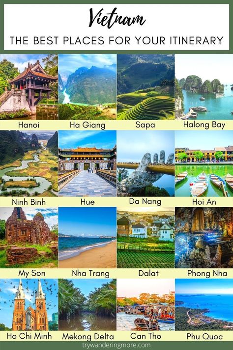 Planning a Vietnam trip or wanting to see what the country has to offer? Here are the best places to add to your itinerary. Know the best time to visit, things to do, where to stay and eat. . . Vietnam Asia | Vietnam Places | Vietnam Itinerary | Vietnam Travel | Vietnam Travel Guide | Vietnam Travel Tips | Hanoi | Ho Chi Minh City | Hoi An | Vietnam Place to Go | Vietnam Places to See | Vietnam Places to Stay Where To Go In Vietnam, Hanoi Vietnam Itinerary, Vietnam Must See Places, Vietnam Must See, Best Places To Visit In Vietnam, Vietnam Things To Do, Vietnam Tourist Spot, Vietnam Travel Itinerary, Places To Visit In Vietnam