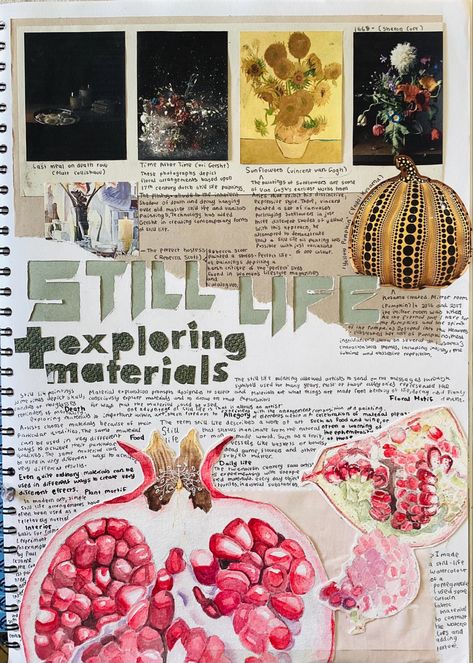 Visual Art Portfolio Layout, Still Life Gcse Sketchbook, Still Life Sketchbook Pages, A Level Graphics Sketchbook Layout, A Level Art Sketchbook Nature, Visual Art Diary Inspiration, Artist Introduction Layout, A Level Art Sketchbook Backgrounds, Gcse Art Book Layout Ideas