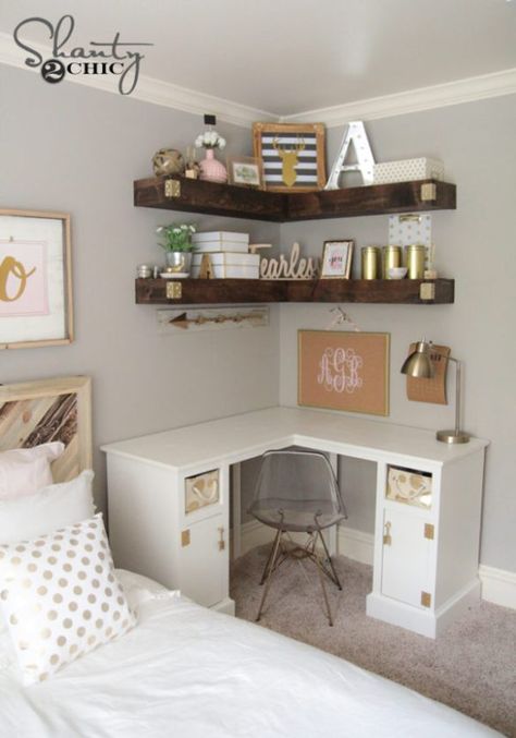 13 Mind Blowing Small Bedroom Storage Ideas For Small Apartments Diy Corner Desk, Rumah Moden, Corner Drawers, Diy Desk Plans, Desk Corner, Bilik Idaman, Small Bedroom Storage, White Desk, Bilik Tidur