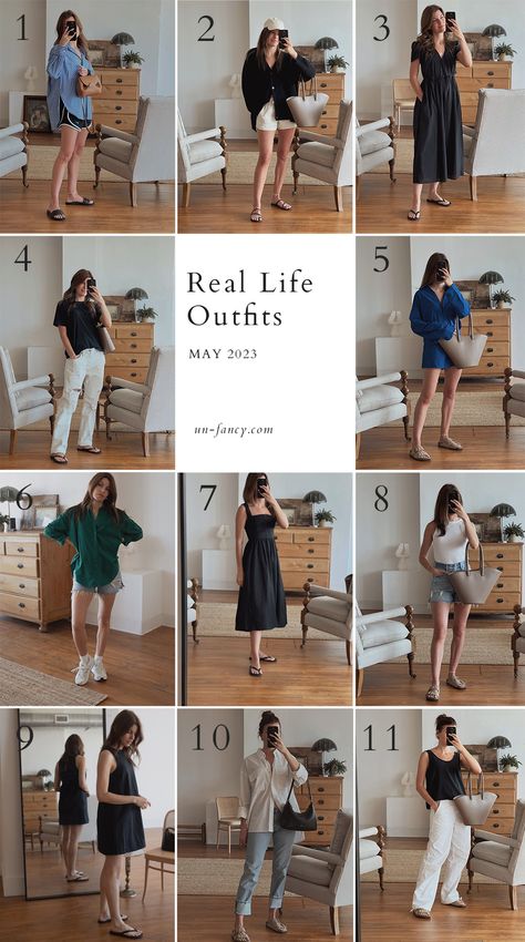 Simplified Wardrobe 10x10 Wardrobe, Simplified Wardrobe, Real Life Outfits, Simplify Wardrobe, Basic Sandals, Twirly Dress, Black Flip Flops, Outfit Formulas, Common Themes