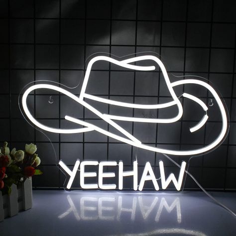 COWBOY HAT NEON SIGN Personalized neon lights are very suitable for home, bed wall decoration, also can be used for office, home bar, store decoration. Whether it's a birthday, party, anniversary or wedding. VoiNeon provides you with as many fonts, sizes and colors as possible to realize your idea. HIGH QUALITY NEON SIGN Made of high-quality environmentally friendly materials and experienced craftsmanship. Our neon signs are made of flexible LED neon strips and thick acrylic backboard. Compared Festival Packing List, White Cowboy Hat, Commercial Signs, Neon Wall Signs, Neon Sign Bedroom, Event Exhibition, Neon Light Signs, Beer Bar, Led Sign