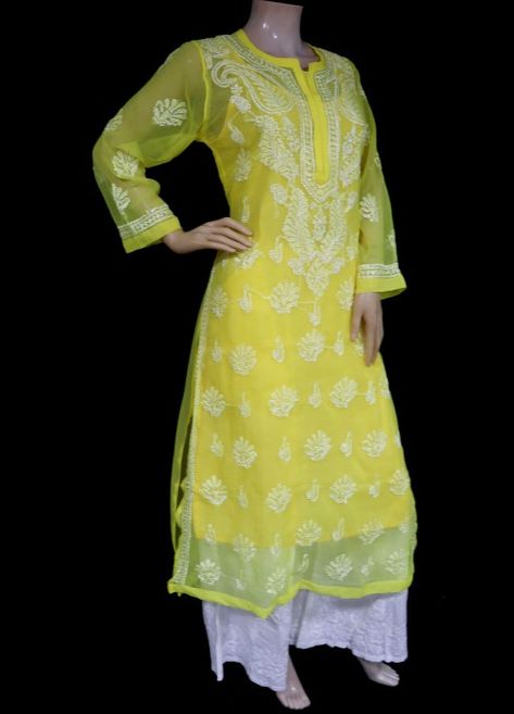 Lakhnawi Suits Design, Chikenkari Dress Ideas Kurti, Chikenkari Dress Ideas, Yellow Chikankari Kurti, Chikenkari Dress, Yellow Chikankari Kurta, Angrakha Style Anarkali, Yellow Kurti, A Line Kurti