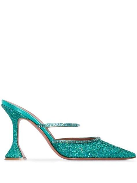 Amina Muaddi Gilda 95 Glitter Mules - Farfetch Heels Rhinestone, Clear Block Heels, Mule Heels, Turquoise Glitter, Cork Heels, Blue Accessories, Blue Pumps, Amina Muaddi, Glitter Shoes