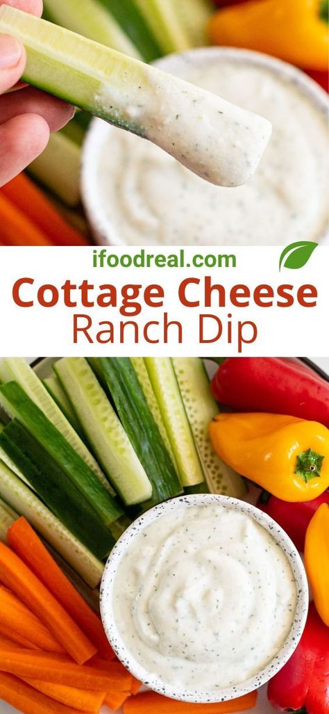 This Cottage Cheese Ranch Dip is made with 5 ingredients, in 5 minutes, in a blender or food processor. It tastes like savory and creamy ranch that pairs perfectly with fresh vegetables and crackers. High Protein Ranch, Cottage Cheese Ranch Dip, Cheese Ranch Dip, Cottage Cheese Ranch, Protein Ranch, Cottage Cheese Dip Recipes, Healthy Veggie Dip, Ranch Dip Recipe, Cottage Cheese Dips