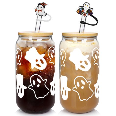 PRICES MAY VARY. GHOST DECOR HALLOWEEN CUPS - Elevate your Halloween spirit! This set contains 2*18oz Halloween iced coffee cups, 2 bamboo lids, 2 glass straws and a straw brush. FANCY HALLOWEEN GHOST DECORATIONS - In addition to the basic function of a mug, it can also be used as a Halloween decoration. Our ghost-patterned glasses are the festive centerpiece every gathering deserves. HALLOWEEN MUG DESIGN - Crafted with precision, our mugs not only ensure durability but exude elegance, making ev Cookie Jar Decor, Halloween Party Essentials, Checkered Paper, Halloween Glasses, Halloween Beer, Iced Coffee Cups, Ghost Decor, Halloween Decor Diy, Halloween Ghost Decorations