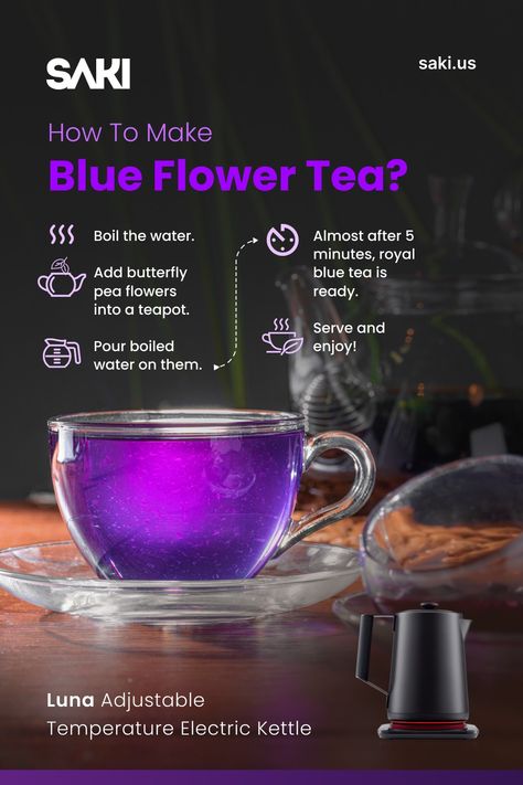 How to make blue flower tea?
-Boil the water 
-Add butterfly pea flowers into a teapot
- Pour boiled water on them
- Almost after 5 minutes, royal blue tea is ready
- Serve and enjoy Blue Tea Recipe, Flower Tea Recipe, Blue Butterfly Tea, Blue Pea Tea, Flower Recipe, Tea Types, Butterfly Pea Flowers, Tea Flowers, Knitting Things