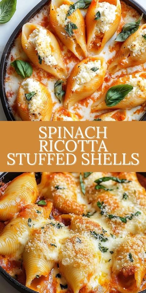 🧀 Craving a cheesy, hearty meal? Try this Cheesy Spinach and Ricotta Stuffed Shells Recipe! Perfectly baked pasta shells filled with creamy ricotta and spinach, all topped with a generous amount of marinara and melted cheese. Ideal for weeknight dinners or weekend gatherings! Make your meatless meals memorable with this easy Italian-inspired recipe. #CheesyPasta #StuffedShells #VegetarianDinner 🍅 #EasyRecipe #DinnerInspo #FamilyFavorite #BakedPasta #ItalianFood Baked Pasta Shells, Spinach Ricotta Stuffed Shells, Spinach And Ricotta Stuffed Shells, Baked Stuffed Shells, Easy Stuffed Shells, Ricotta Stuffed Shells, Shell Pasta Recipes, Spinach Stuffed Shells, Ricotta Cheese Recipes