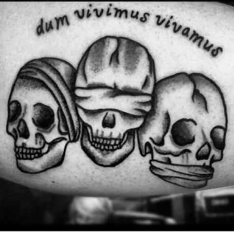 Latin-while I live let me live Skulls-hear no evil see no evil speak no evil See No Evil Tattoo, No Evil Tattoo, Spider Web Tattoo, Evil Tattoo, Skull Sleeve, Web Tattoo, Bike Tattoos, Traditional Sleeve, Skeleton Tattoos