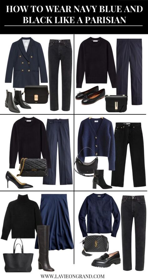 Navy Womens Outfits, Navy Neutral Outfit, Black And Navy Capsule Wardrobe, Navy Blue Cardigan Outfit Fall, Black And Navy Winter Outfit, Navy And Black Work Outfit, Polished Style Minimal Classic, French Outfit Style Winter, Parisian Business Style