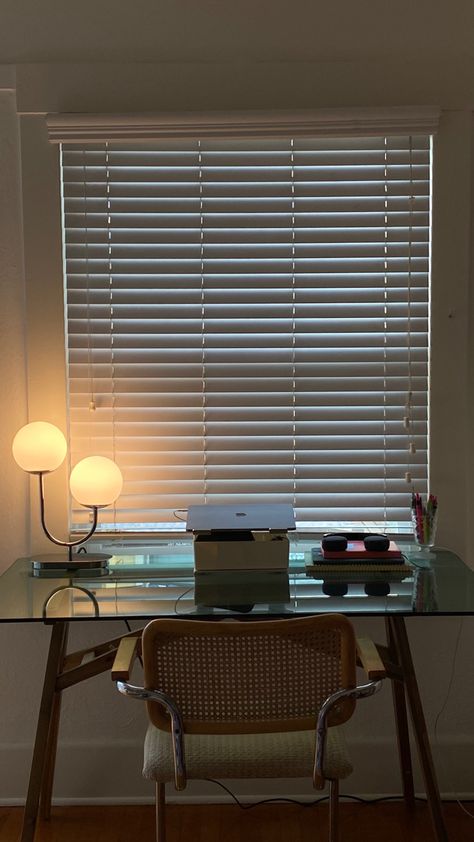 Glass Desk office table setup with vintage cane cesca chair and ikea chrome space age mid century inspired lamp Glass Desk Setup, Mid Century Desk Setup, Glass Desk Aesthetic, Ikea Glass Desk, Cesca Chair, Chrome Chair, Glass Desk Office, Dream Desk, Ikea Desk