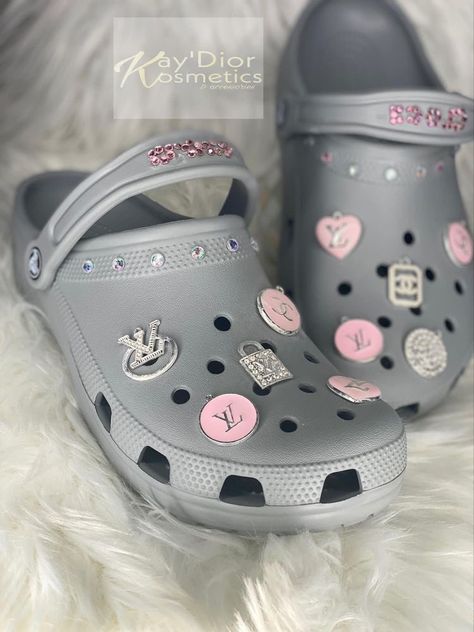 grey crocs Croc Business, Crocs Custom, Grey Crocs, Cool Crocs, Crocs With Jibbitz, Crocs Aesthetic, Crocs With Charms, Crocs Collection, Bedazzled Shoes Diy