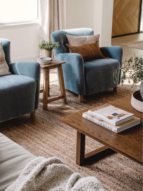 Jenna Barton, Light Blue Chair, Light Oak Floors, Natural Interior Design, Blue Velvet Chairs, Blue Accent Chairs, Blue Chairs Living Room, Interior Design Elements, White Brick