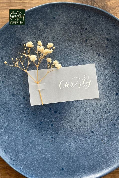 photo of bespoke lavender placename with 'Christy' in calligraphy Event Table Settings, Wedding Name Tags, Summer Favors, Elegant Place, Table Name Cards, Spring Wedding Decorations, Wedding Table Names, Christmas Wedding Gifts, Wedding Place Settings