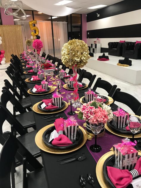 Kate Spade Decor Party, Black And Pink 50th Birthday Party, Pink And Black 40th Birthday Decorations, Birthday Party Table Set Up Women, 30th Birthday Dinner Party Ideas, Pink Black And Gold Party Decorations, Pink And Black Birthday Party Decoration, Woman Party Ideas, Pink 50th Birthday Party