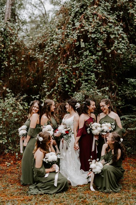 October Wedding Maroon, Olive Green Maroon Wedding, Flowers For Forest Green Wedding, Wine Red And Green Wedding, Sage Green And Maroon Bridesmaid Dresses, Burgundy Forest Wedding, Burgundy Olive Green Wedding, Burgundy Forest Green Wedding, Forest Green And Red Wedding Theme