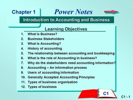 Power Notes Chapter 1 Introduction to Accounting and Business> Accounting Principles, Profit And Loss Statement, Balance Sheet, Economic Activity, Accounting Information, Learning Objectives, Business Organization, Financial Statement, Chapter 1