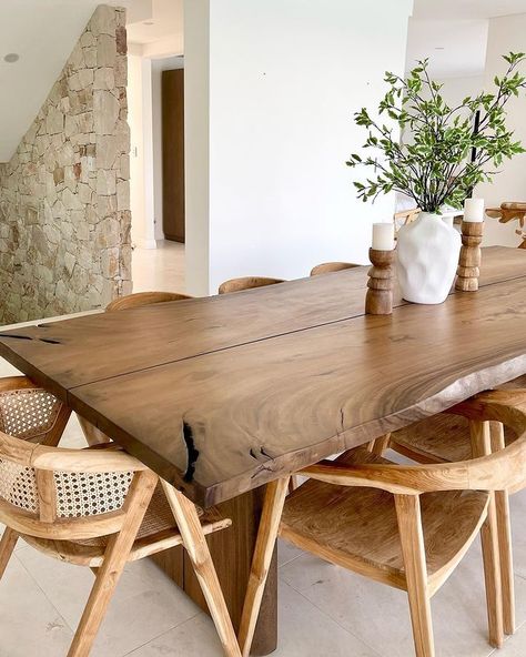 Natural Minimalist Dining Room, All Wood Dining Table, Material Dining Chairs, Rustic Wood Kitchen Table, Tulum Inspired Dining Room, Natural Wood Dinner Table, Wooden Table Chairs, Rustic Oak Table, Different Chairs Dining Table