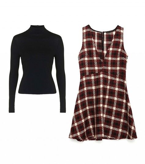 Topshop Clean Roll-Neck Top Zara Check Dress Turtle Neck Under Dress, Turtleneck Under Dress Outfit, Dress Over Turtleneck, Turtleneck And Dress, Turtleneck Under Dress, Turtleneck Under, Slip Dress Outfit, Winter Layering