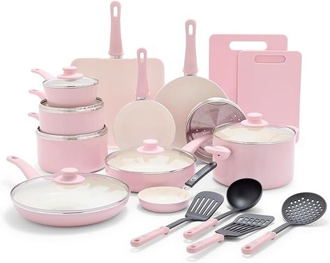 Amazon.com: GreenLife Sandstone Healthy Ceramic Nonstick, 15 Piece Kitchen Cookware Pots and Frying Sauce Pans Set, PFAS- Free, Dishwasher Safe, Pink: Home & Kitchen Ceramic Nonstick Cookware, Kitchen Cookware Sets, Nonstick Cookware Sets, Slotted Spoons, Pots And Pans Sets, Cooking Set, Nonstick Cookware, Pink Ceramic, Pink Kitchen