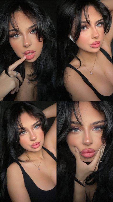 Black Hair On Blue Eyes, Hair Inspo Blue Eyes, Black Hair Blue Eyes Makeup Looks, Makeup For Blue Eyes Black Hair, Black Hair On Light Skin, Dark Hair On Pale Skin, Girls With Black Hair And Blue Eyes, Light Skin With Blue Eyes, Girl With Black Hair And Blue Eyes