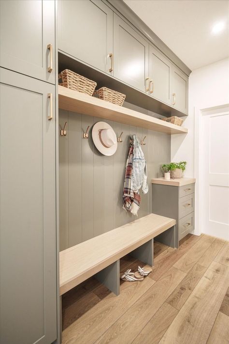 Mudroom And Storage Room, Built In Storage Wall Mudroom, Mudroom Bench With Tall Cabinet, L Shaped Mudroom Bench With Storage, Mud Room Cabinetry, Front Door Landing Entryway, Mudroom Entryway Storage Cabinets, Narrow Mud Room Ideas, Mudroom Floating Shelves