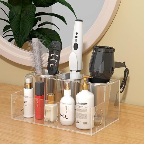 Haircare, Organizing bins, organize, clean, clean girl, aesthetic, natural, organic Bathroom Countertop Storage, Blow Dryer Holder, Hair Tool Organizer, Organization Station, Acrylic Shelf, How To Install Countertops, Hair Tool, Hair Dryer Holder, Bathroom Countertop