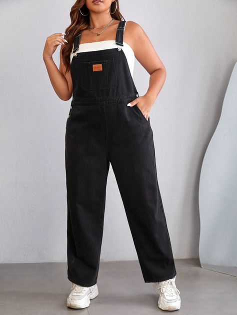 Plus Letter Patched Detail Denim Overalls Without Tube TopI discovered amazing products on SHEIN.com, come check them out! Plus Size Summer Casual, Jeans Overall, Plus Size Denim, Casual Wear Dress, Jeans Casual, Button Fly Jeans, Denim Details, Sleeveless Jumpsuits, Denim Overalls