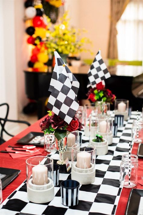 Racer Check Guest Table Decor from a Race Car Birthday Party on Kara's Party Ideas | KarasPartyIdeas.com (12) Speed Limit 55 Birthday Decorations, Checkered Table Runner, Car Centerpieces, Ferrari Party, Vintage Car Party, Checkered Table, Flag Table, Racing Theme, Car Birthday Party