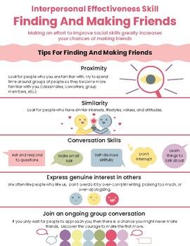 Finding And Making Friends 1-page printable DBT handout. This interpersonal effectiveness handout provides social skills tips for finding and making friends, and encourages students to put forth an effort to improve their social skills.8.5"x11" digital download printable PDFWant more resources like this? Check out my full catalog of DBT worksheets and handouts here.Related Products:DBT Coping Skills BundleThank You! I really appreciate your interest in this product! I love to design and create new things to support the emotional and behavioral health of kids and teens! It would  mean so much to me if you left a kind review and rating after purchasing a product (or freebie!) Feel free to contact me with any questions! Follow Me to get updates on new products coming soon! I am trying to add Coping Skills Worksheet, Dbt Skills Worksheets, Family Therapy Activities, Anger Worksheets, New Products Coming Soon, Coping Skills Worksheets, Interpersonal Effectiveness, Family Journal