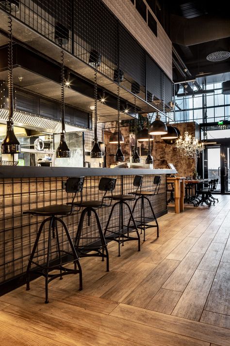 Fredde´s Food & Fire restaurant interior design by VDPHelsinki Fire Restaurant, Industrial Restaurant Design, Rustic Restaurant Interior, Bar Counter Design, Industrial Cafe, Industrial Restaurant, Rustic Restaurant, Bar Interior Design, 카페 인테리어 디자인