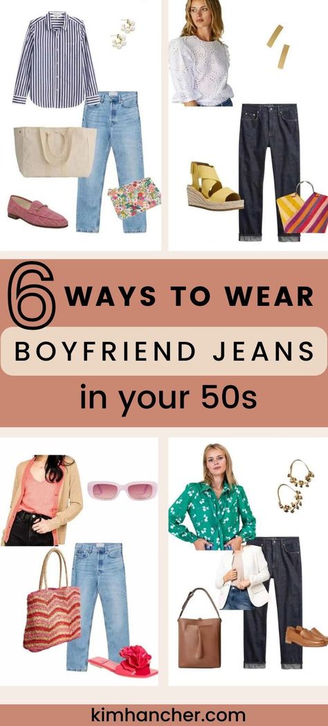 Can women over 50 wear boyfriend jeans? Yes! Here are 6 complete outfits on what to wear with boyfriend jeans, including some style tips to best style this type of jeans. 6 complete looks on how to add boyfriend jeans in your outfits without looking frumpy for all seasons from summer to spring. From casual day at the office, a day around town, vacation at home, date night to weekend outfits, this post will inspire you on how to wear boyfriend jeans! What To Wear With Boyfriend Jeans Casual, Boyfriend Jeans Outfits, Jeans Over 50, How To Wear Boyfriend Jeans, Style Boyfriend Jeans, Type Of Jeans, Vacation At Home, At Home Date Night, Home Date Night