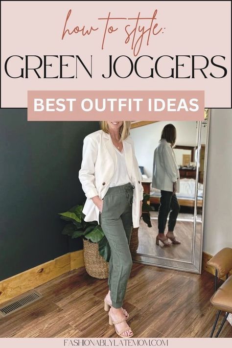 Looking for inspiration on how to wear joggers? Check out our guide to styling olive jogger pants for casual chic outfits. Whether you're running errands or meeting friends for brunch, our outfit ideas will keep you looking stylish and comfortable all day long. Olive Jogger Outfits Women, Jogger Slacks Outfit Women Work, Green Joggers Outfit Dressy, Green Joggers Outfit Casual, Khaki Joggers Outfit, Olive Green Joggers Outfits, Olive Joggers Outfit, How To Style Joggers For Women, How To Style Joggers