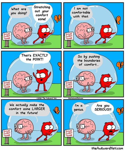 Comfort zone. Akward Yeti, Heart Vs Mind, Heart And Brain Comic, Heart Vs Brain, Awkward Yeti, The Awkward Yeti, Comics Strips, Heart And Brain, The Comfort Zone