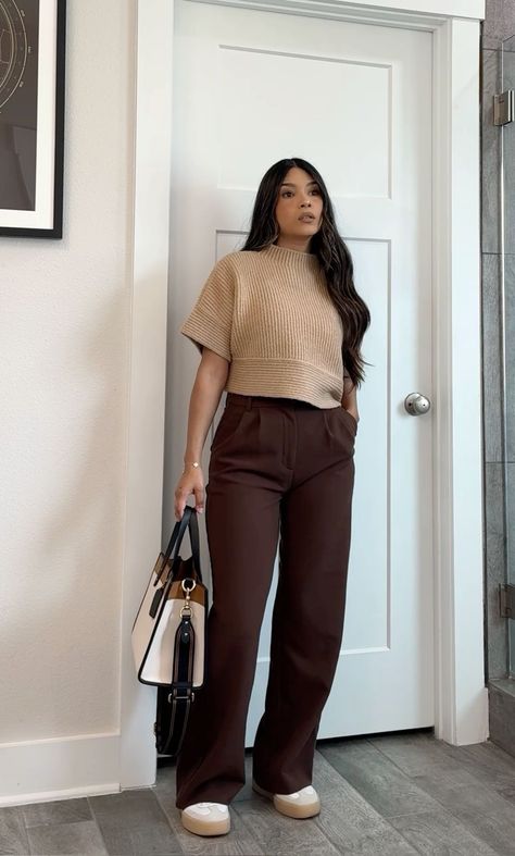 Tan Pant Outfits For Work, Professional Outfits Women Office, Fall Semi Casual Outfits Women, Brown Knit Pants Outfit, Fall Outfit For Work Offices, Modest Trousers Outfit, Business Pro Outfits For Women, Corporate Outfit Summer, Casual Fall Outfits Midsize Women