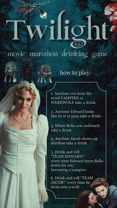 Twilight Movie Drinking Game, Twilight Cocktail Party, Twilight Themed Movie Night, Twilight Themed Dinner Party, Twilight Bachelorette Party Ideas, Twilight Theme Bachelorette, Twilight Themed Alcoholic Drinks, Twilight Movie Marathon Ideas, Twilight Party Favors