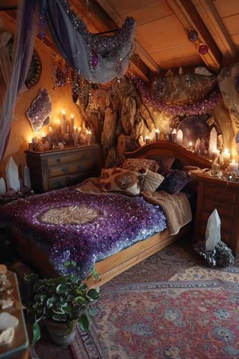 Forest Witch Room Aesthetic, Bedroom Setup Aesthetic, Witchy Loft Bedroom, Witch Themed Bedroom, Witchy Boho Bedroom, Witch Room Ideas, Mystic Bedroom, Whimsical Goth Bedroom, Witch Bedroom Ideas