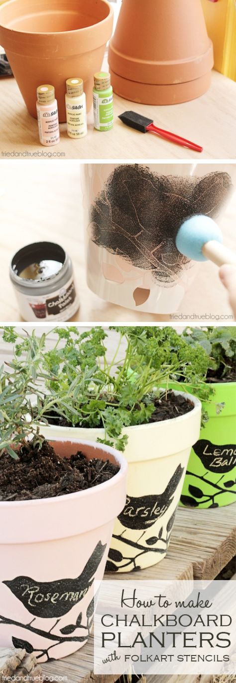 Chalkboard Paint Planters is a photo craft tutorial that shows you how to use stencils to put blackboard paint designs on terra-cotta pots so that you can label it. Creative Juice, Terracotta Flower Pots, Fleurs Diy, Diy Flower Pots, Diy Chalkboard, Painted Pots, Garden Crafts, Terracotta Pots, Clay Pots