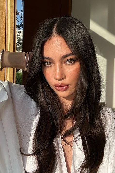 Voluminous Brunette Hair, Kelsey Merritt Hair, Kelsey Merritt Makeup, Dark Features Women, Dark Hair Latina, Tan Skin Hair Color, Dark Hair Asian, Filipino Hair Color Ideas, Brown Almost Black Hair