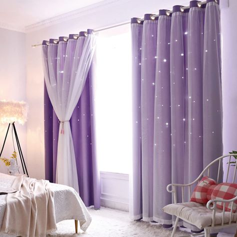 PRICES MAY VARY. 【Purple Curtains】-2 blackout curtain panels,each panels measures 52 wide x 63 high. Grommet top design, large rings, easy to install and slide.Solid Purple curtains are gorgeous and elegant, add some stylish look to your room, makes you feel cheerful and delighted 【Decor Curtain】-Modern Solid Purple Window Drapes with Sheer Tulle Overlay and Star Cut-out Design,perfect decor curtains for bedroom, living room, study kids room,nursery, kitchen and dining room decor.Double-layer de Girl Curtains, Blackout Curtains Bedroom, Purple Curtains, Cute Curtains, Layered Curtains, Curtains And Draperies, Purple Rooms, Kids Curtains, Window Room