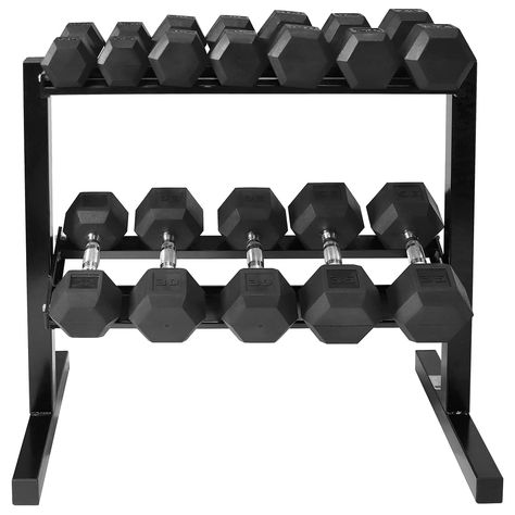 WF Athletic Supply Rubber Coated Hex Dumbbell Set with Two Tier Premium Storage Rack Built for Strength Building, Weight Loss & Home Gym   Multiple Sets Available Home Workout Space, Weight Rack, Strength Training Routine, Diy Home Gym, Hex Dumbbells, Dumbbell Rack, Workout Space, Dumbbell Set, Strength Training Equipment