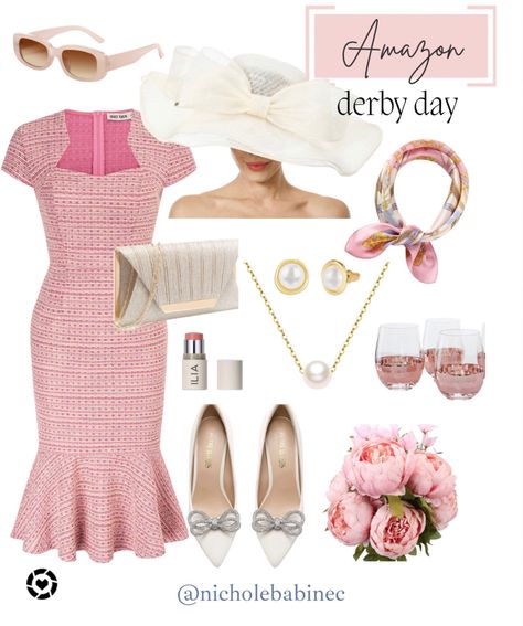 Derby outfit inspo -pink tweed pencil dress, hat with large bow, silk neck scarf, cream pumps with large bow, pearl earrings, pear necklace, cream and gold clutch, blush sunglasses, rose win glasses, peonies. Follow my shop @nicholebabinec on the @shop.LTK app to shop this post and get my exclusive app-only content! #liketkit #LTKcurves #LTKSeasonal #LTKFind @shop.ltk https://liketk.it/48ru6 Derby Dresses And Hats Outfit, Kentucky Derby Outfit For Women, Womens Outfit Inspiration, Kentucky Derby Outfit, Cream Pumps, Derby Outfits, Outfit Inspiration Women, Womens Outfit, Moms Birthday