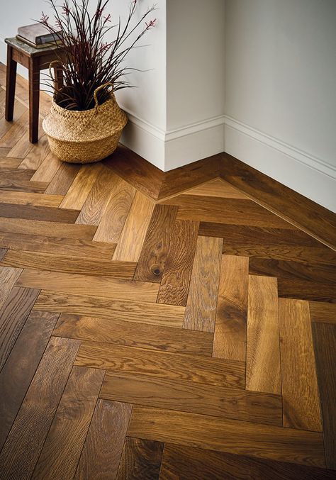 Congaree Smoked Oak Parquet | Atkinson & Kirby Oak Parquet, Herringbone Wood Floor, Herringbone Wood, Hallway Inspiration, Hallway Design, Flooring Inspiration, House Flooring, Floor Design, House Inspo