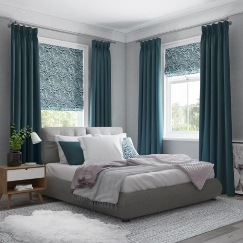 Bedroom Window Dressing, Roman Blinds Bedroom, Bedroom Window Design, Bedroom Curtains With Blinds, Teal Curtains, Patterned Blinds, Teal Bedroom, Bedroom Blinds, Curtains And Blinds