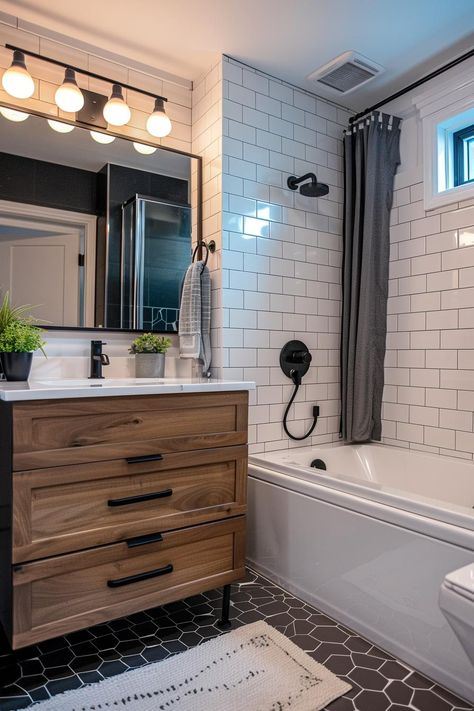 50 Small Bathroom Ideas: Clever Tips for Stylish Designs Small Bathroom Remodel Modern Simple, Small Bathroom With Stand Up Shower Only, Small Bathroom Modern Farmhouse, Shower Bathroom Ideas, Small Bathroom Remodel With Tub, Update Small Bathroom, Small Full Bathroom, Modern Fixtures, Small Bathroom Diy