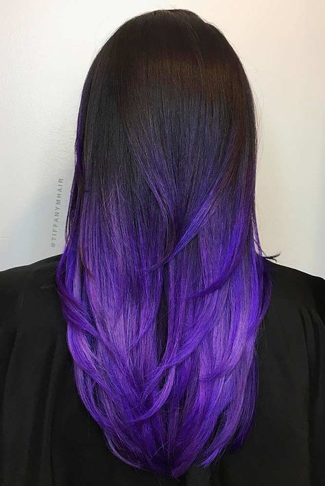 28 Best Dark Ombre Hair Ideas | LoveHairStyles.com Dark Brown To Purple Ombre, Ombre Hair For Dark Hair, Women’s Purple Hair, Purple Ombre On Black Hair, Dark Hair With Bright Colors, Vibrant Purple Hair Ombre, Black To Color Ombre Hair, Dark Colored Hair Ideas, Different Hair Colors For Black Hair