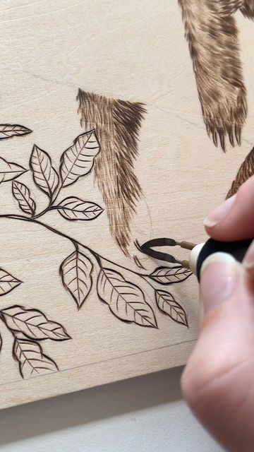 Stephanie Wargacki | Woodburning | Watercolor | Artist on Instagram: "‘An Autumn Nap’ from start to finish. This piece will be available on my website at the end of the week. #pyrography #pyrographyart #woodburning #woodburningart #woodburningartist #pyrographyartist #blackbear #blackbearlover #blackbearart #bearart #beartattoo" Wood Burning And Watercolor, Fall Pyrography, Wood Burning Watercolor, Pyrography Scenery, Autumn Pyrography, Black Bears Art, End Of The Week, Pyrography Art, Bear Tattoo