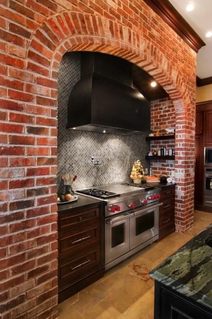 modern kitchens, interior design with exposed brick wall Amazing Kitchens Design, Hearth Design, Exposed Brick Kitchen, Classic Kitchen Style, Kitchen Brick, Brick Wall Kitchen, Panels Design, Brick Hearth, Backsplash Design