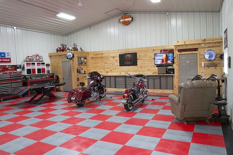 Morton Buildings garage interior in Clio, Michigan. Morton Homes, Hobby Garage, Motorcycle Lift, Equestrian Building, Post Frame Construction, Morton Building, Home Decor Men, Vintage Garage, Car Barn