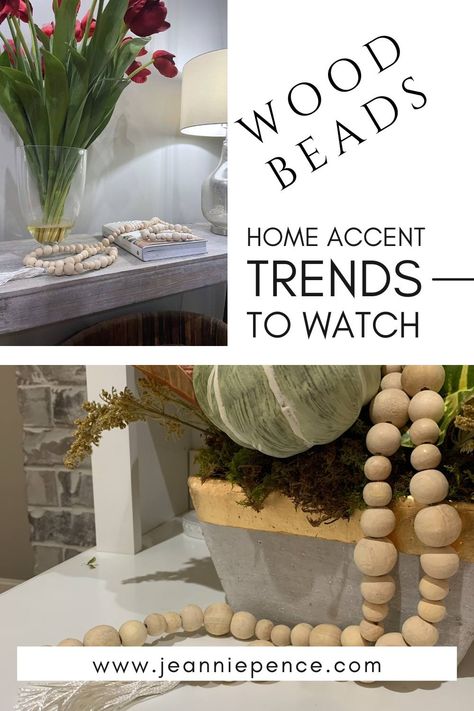 wood bead trends in home decor How To Style Wooden Bead Garland, How To Decorate With Wooden Bead Garland, Wooden Bead Garland Decor Ideas, Bead Garland Decor Ideas, Wooden Bead Garland Decor, Garland Decor Ideas, Bead Garland Decor, Forsythia Wreath, Sunflower Arrangements